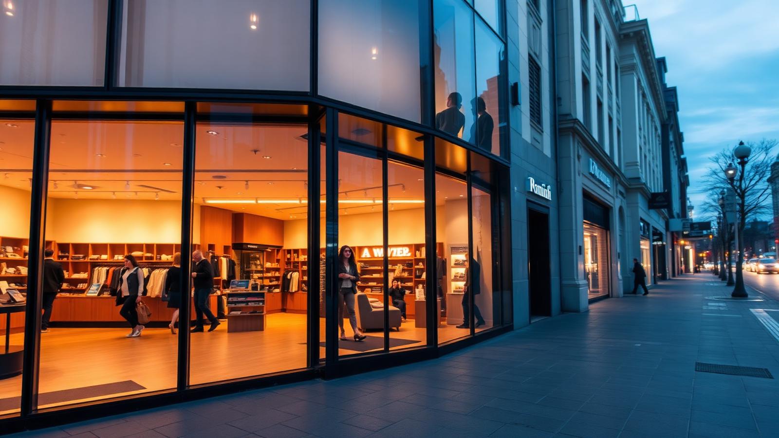 Modernes Ladeninterieur bei Dämmerung